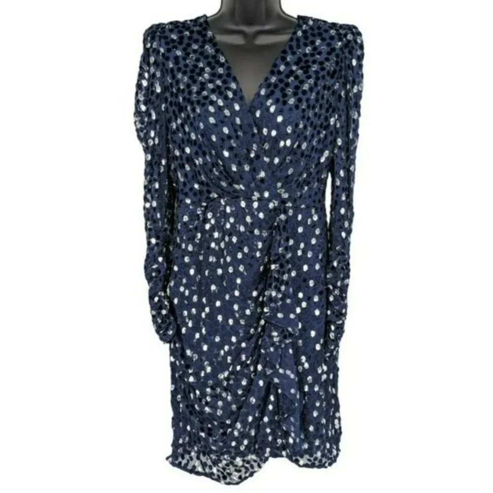 Kate Spade Scatter Dot Dress 6 Navy Silver Faux Wrap Ruffle Velvet Long Sleeve